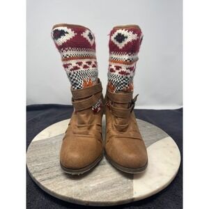 Route 66 Toral Tan Faux Suede Southwestern Knit Sweater Boots Women's 9M Boho